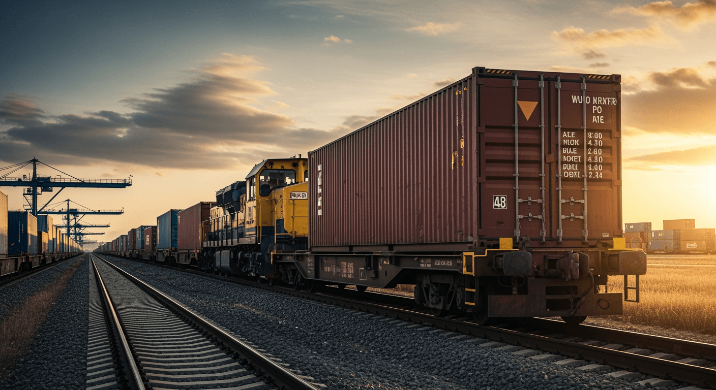 Freight train loaded with shipping containers — Zalloco Industries cargo transport